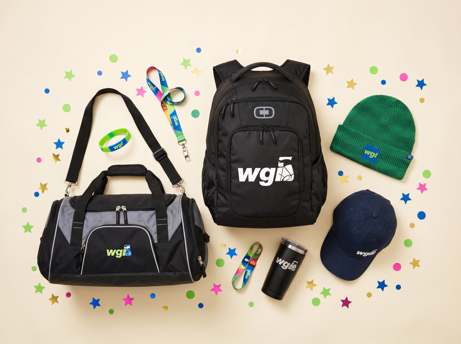 WGI accessories — duffel bag, backpack, beanie, dad cap, lanyard, wristband and tumbler